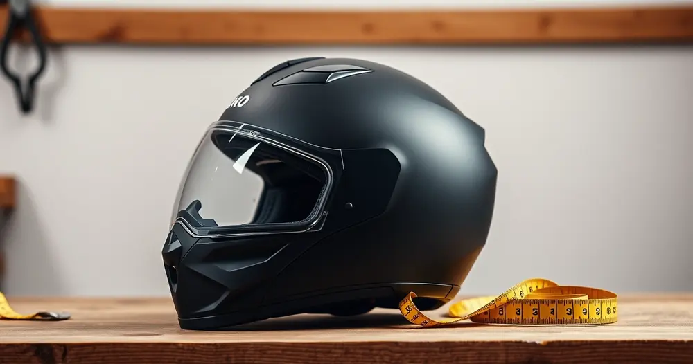 Capacete preto fosco sobre bancada de madeira ao lado de fita métrica amarela flexível
