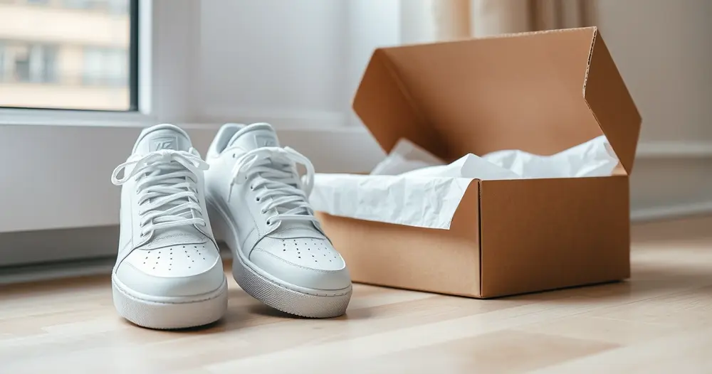 Par de tênis branco sobre piso de madeira clara ao lado de caixa de papelão aberta com papel de seda