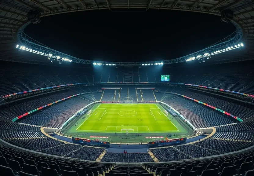 Estádio de futebol vazio à noite, com os refletores acesos