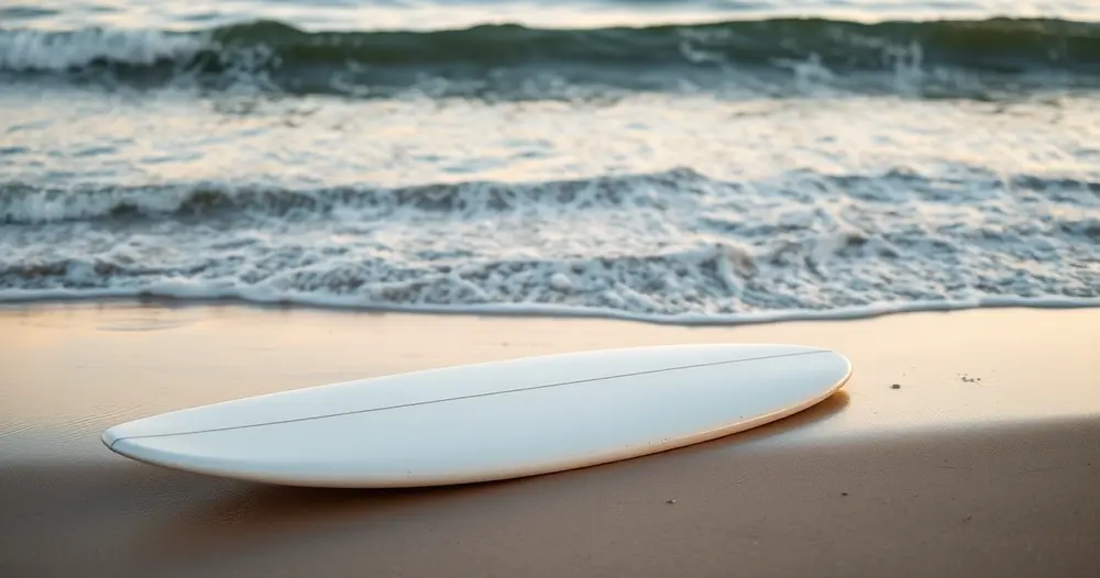 Prancha de surf branca deitada na areia molhada à beira d'água ao nascer do sol